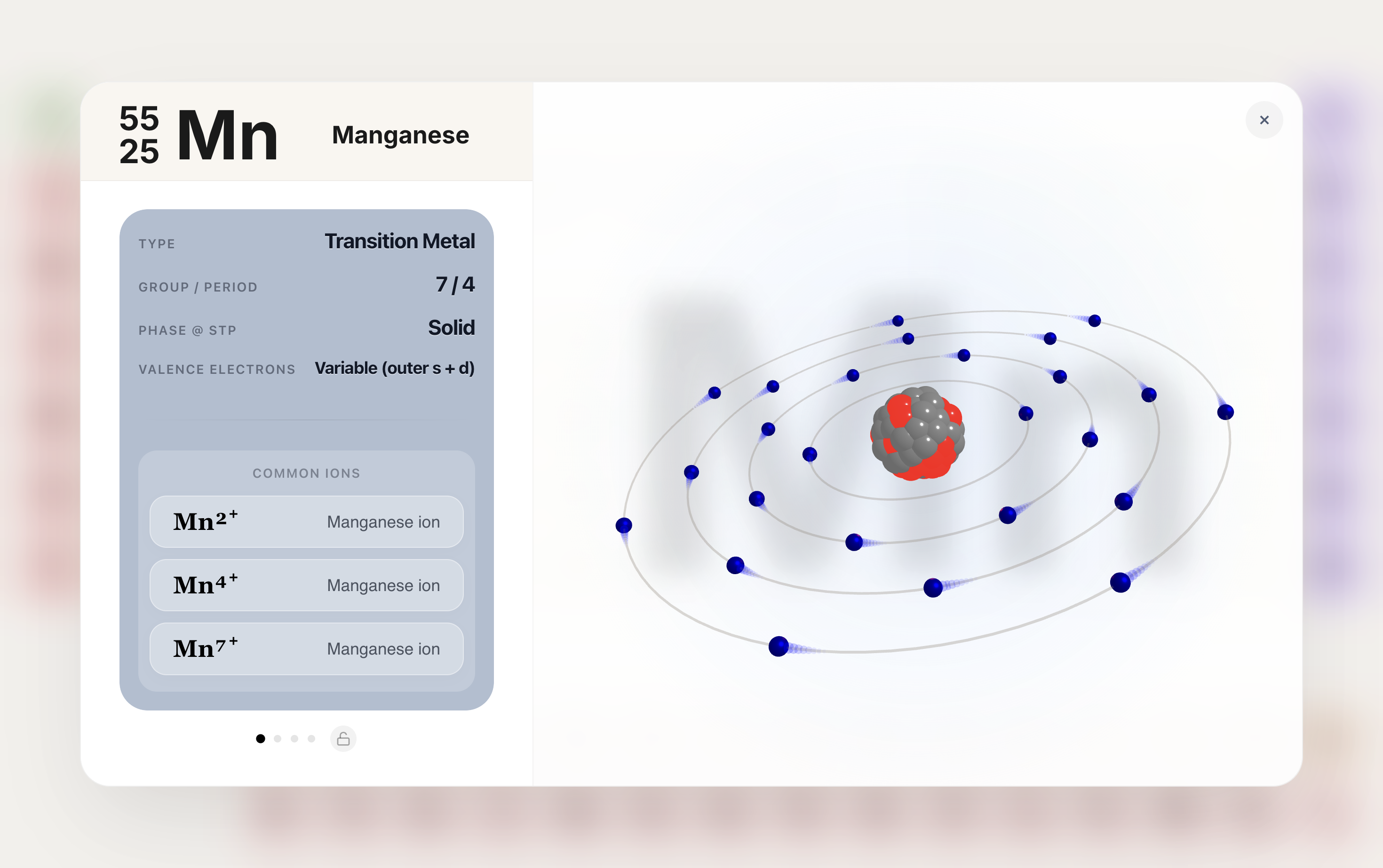 3D atom model showing electron shells and element properties