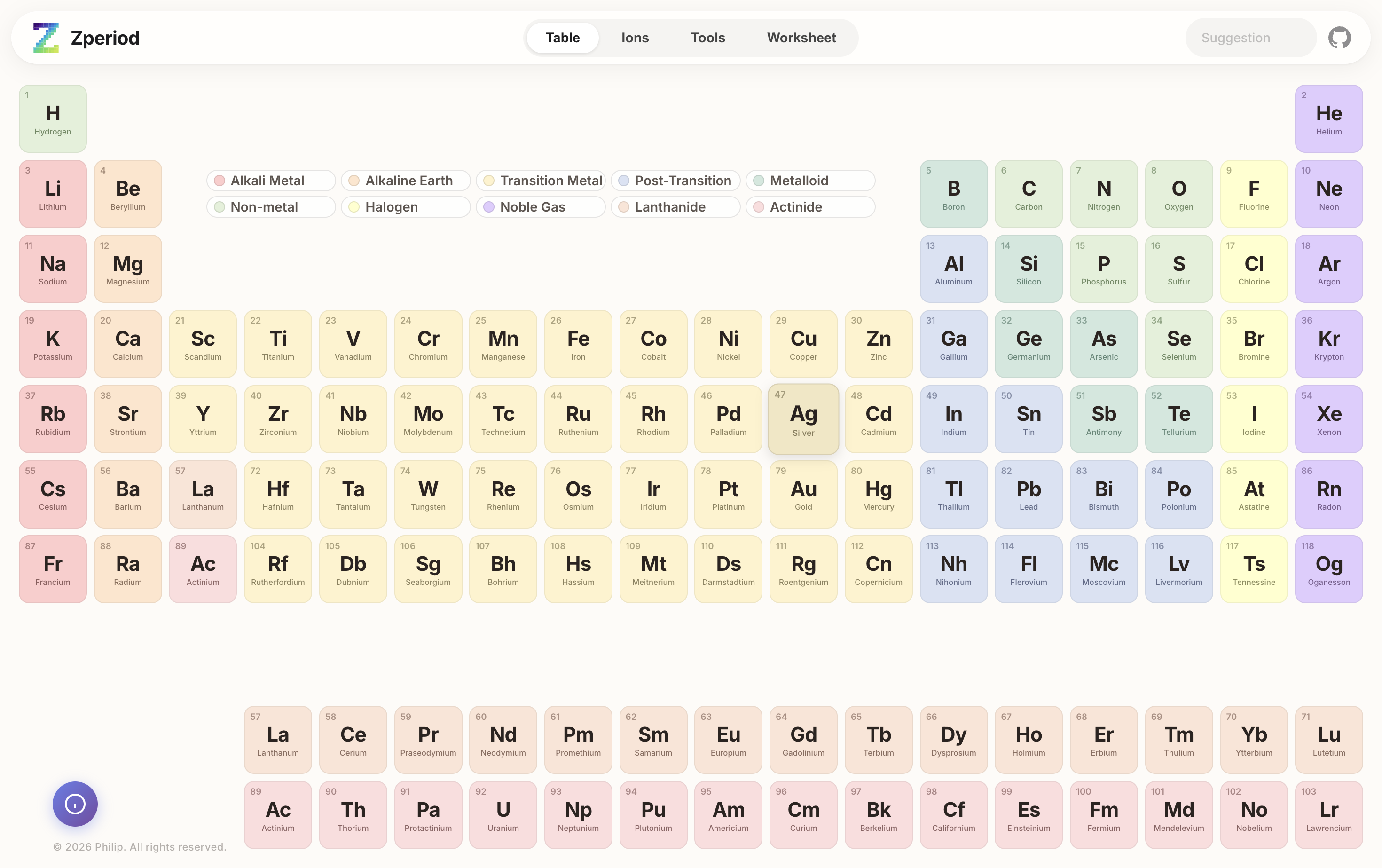 Interactive periodic table with color-coded element categories and phase data