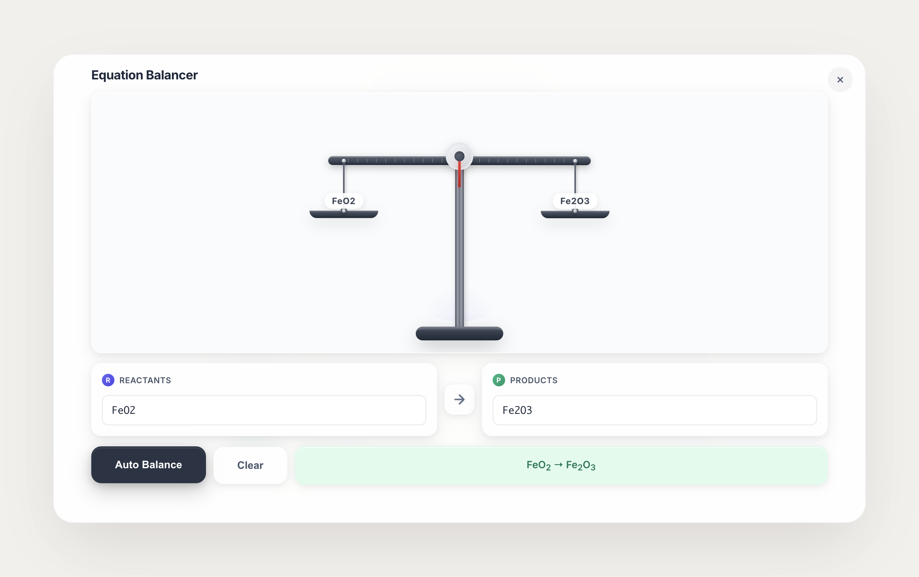 Chemical equation balancer with real-time scale visualization
