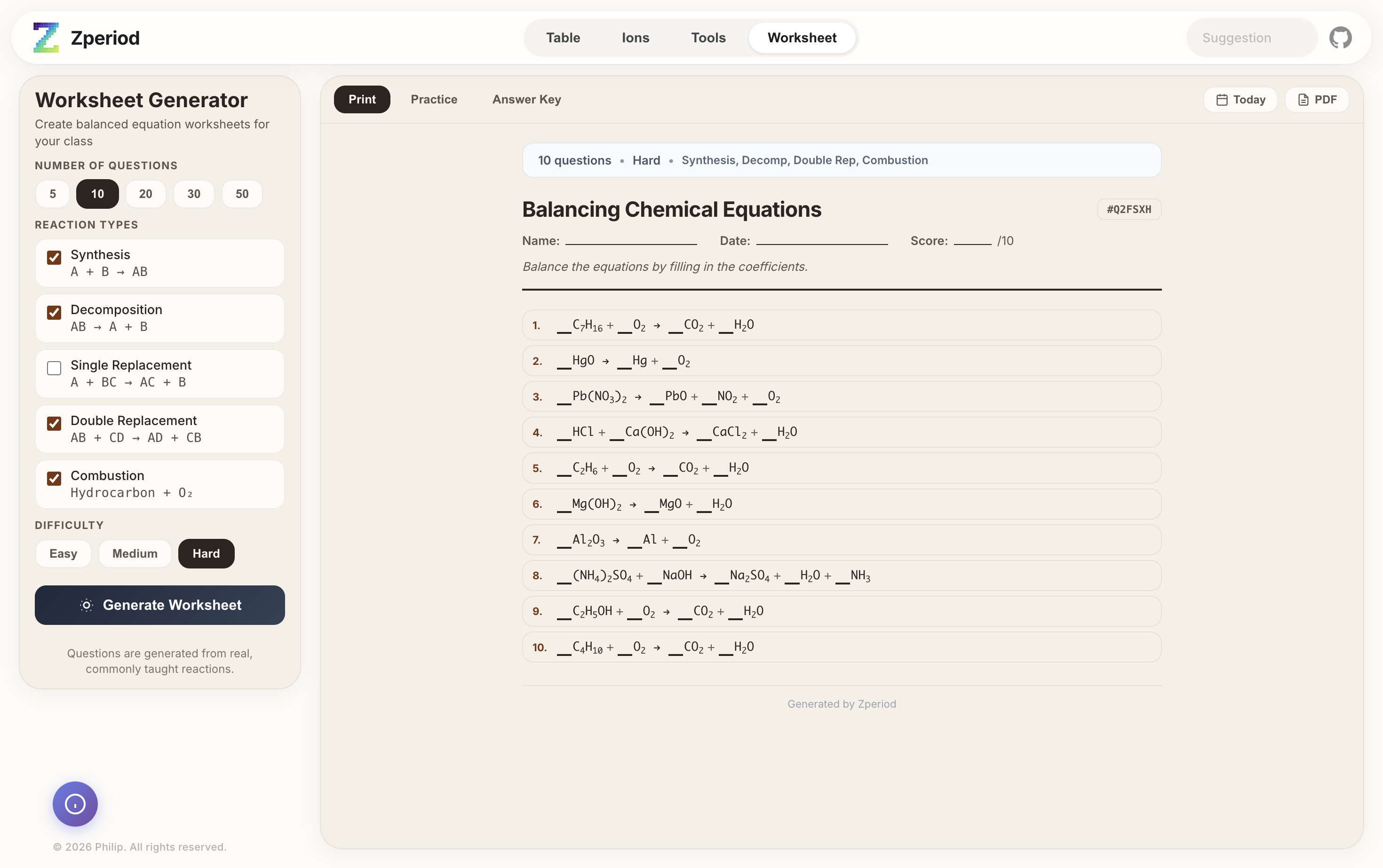 Chemistry worksheet generator with balanced equation exercises