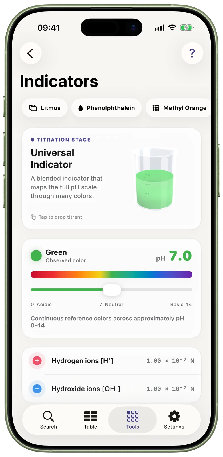 Indicators tool with a 3D beaker of universal indicator at pH 7